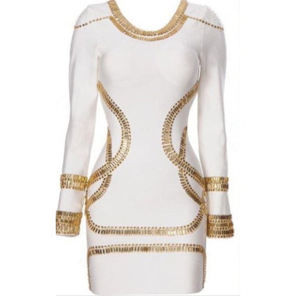 Herve Leger Gold and White Dress